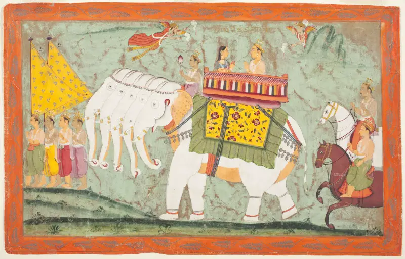 Indra and Sachi Riding the Divine Elephant Airavata